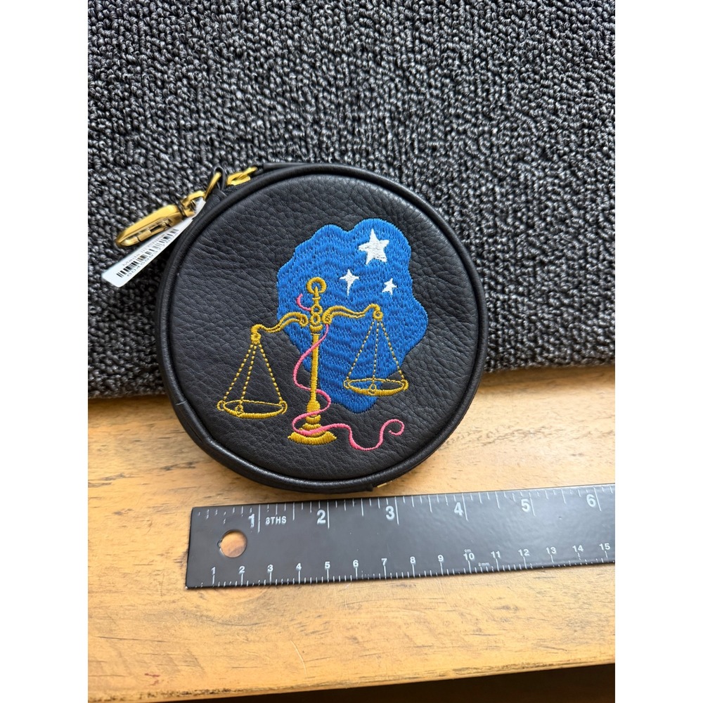 HOBO Libra Zodiac Embroidered Black Leather Round Coin Purse Keychain SO-81042BK